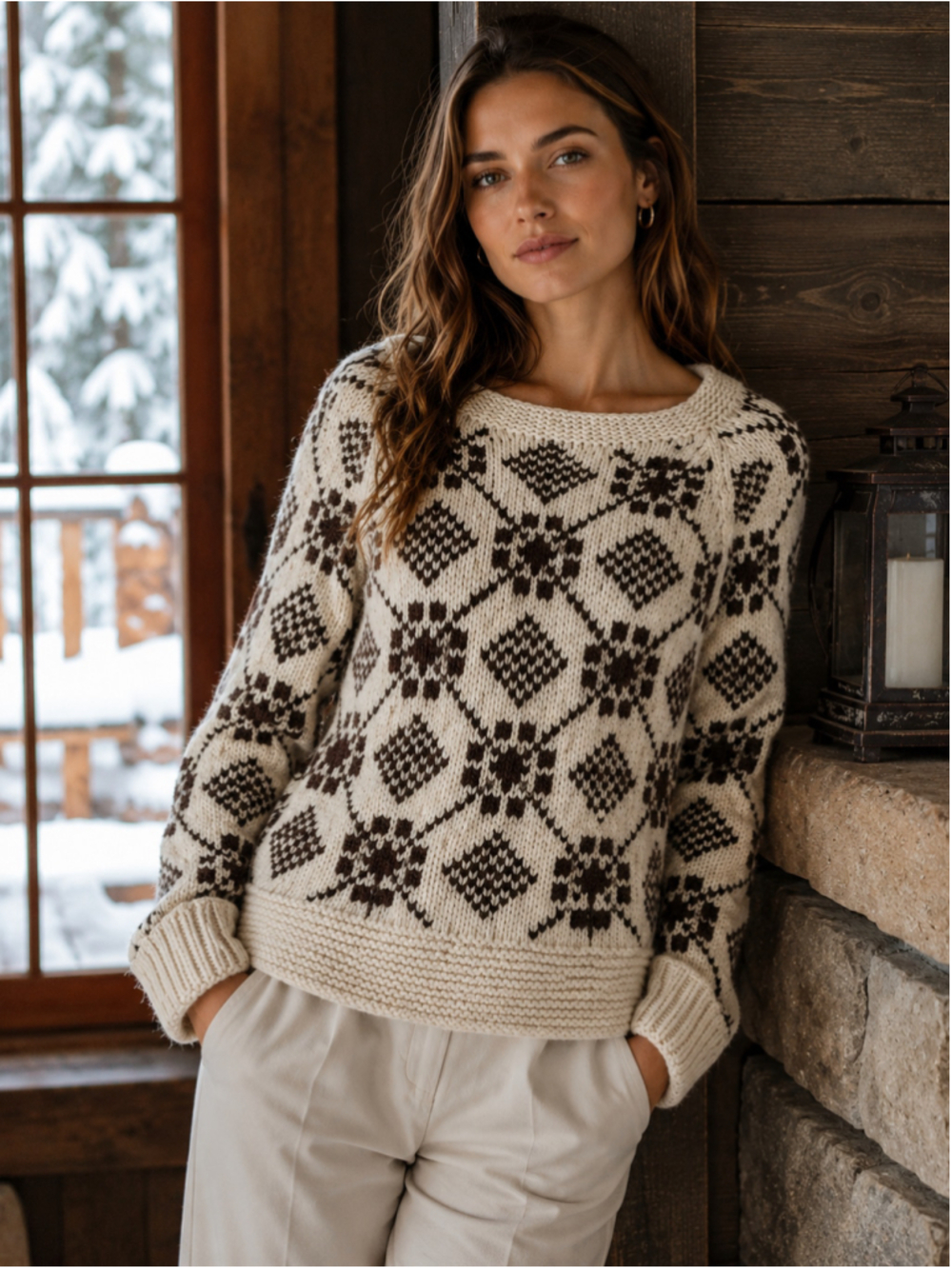Vintage American Eagle Sweater Women M Hand Knit Lambswool Fair Isle Cream Brown
